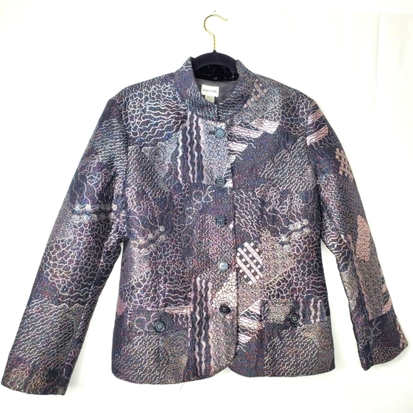 Chico's Lizbeta Metallic Patchwork Jacket Size L Lined Abstract Artsy Blazer - Picture 1 of 13